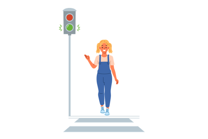 Traffic light shows green signal for little girl walking along pedestrian crossing  Illustration