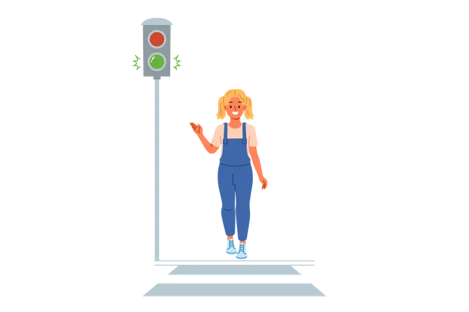 Traffic Light Shows Green Signal For Little Girl Walking Along Pedestrian Crossing Child Observes Rules Of Road While Strolling Around City And Points To Traffic Light Allowing Start Of Movement Illustration
