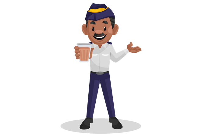 Traffic officer holding glass of tea  Illustration