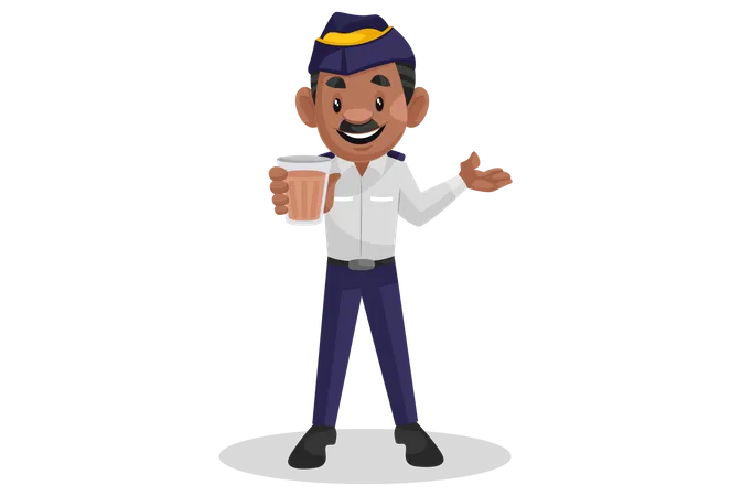 Traffic officer holding glass of tea  Illustration