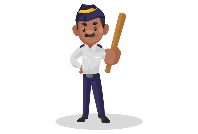 Traffic police constable holding wooden pipe in hand Illustration