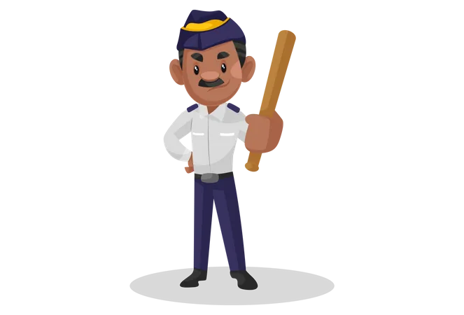 Traffic police constable holding wooden pipe in hand  Illustration