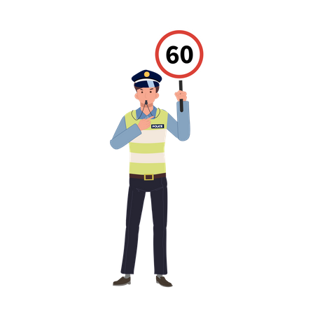 Traffic police is blowing whistle holding speed limit sign  Illustration