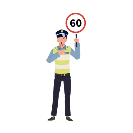 Speed Limit Concept A Traffic Police Is Blowing Whistle Holding Speed Limit Sign And Pointing Index Finger To Emphasis Flat Vector Cartoon Illustration Illustration