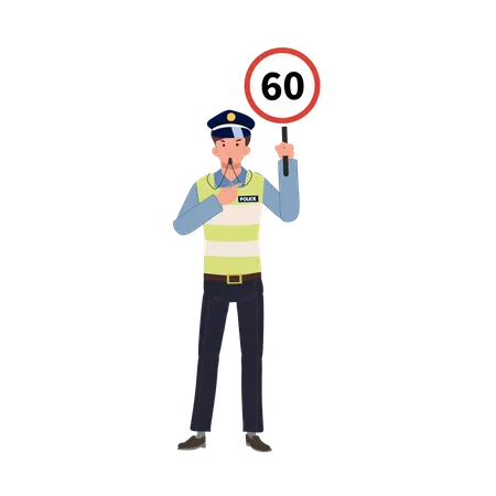 Traffic police is blowing whistle holding speed limit sign  Illustration