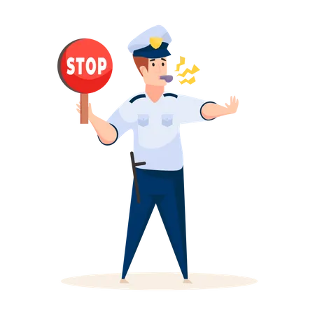 Traffic police whistling whistle and holding stop sign  Illustration