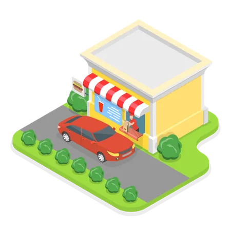 3 D Isometric Flat Vector Illustration Of Drive Through Restaurant Takeaway Foods And Drinks Illustration