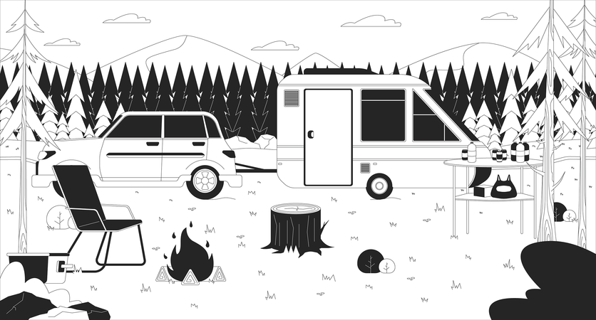 Trailer de acampamento na floresta  Ilustração