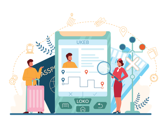 Train conductor checking passenger train detail  Illustration