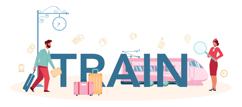 Train Typographic Header Railway Worker In Uniform On Duty Train Conductor Help Passenger In Journey Traveling By Train Idea Of Professional Occupation And Tourism Vector Illustration 일러스트레이션