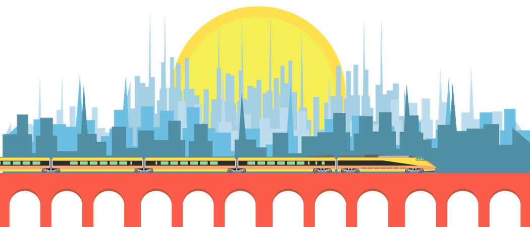 Train de voyageurs à grande vitesse contre la ville  Illustration