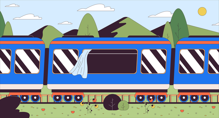 Train riding through lush grass mountains  イラスト