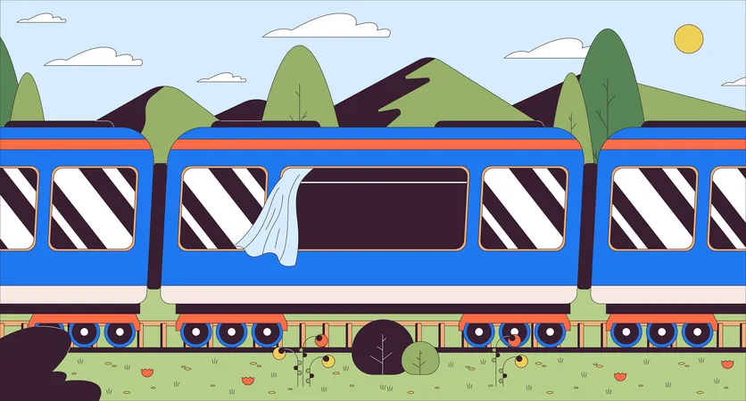 Train Riding Through Lush Grass Mountains Cartoon Flat Illustration Railway Summer 2 D Line Scenery Colorful Background Travelling Countryside Railroad Spring Day Scene Vector Storytelling Image Illustration