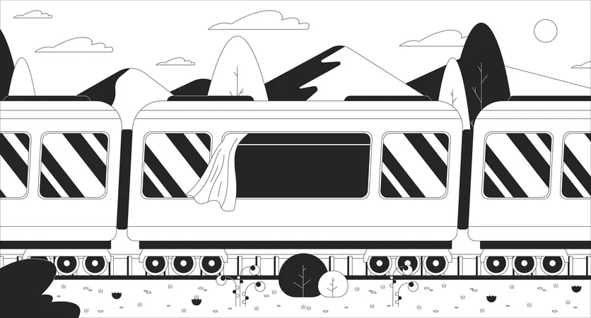 Train Riding Through Lush Grass Mountains Black And White Line Illustration Railway Summer 2 D Scenery Monochrome Background Travelling Countryside Railroad Spring Day Outline Scene Vector Image Illustration