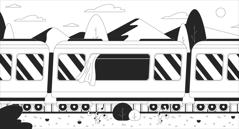 Train riding through lush grass mountains  Illustration