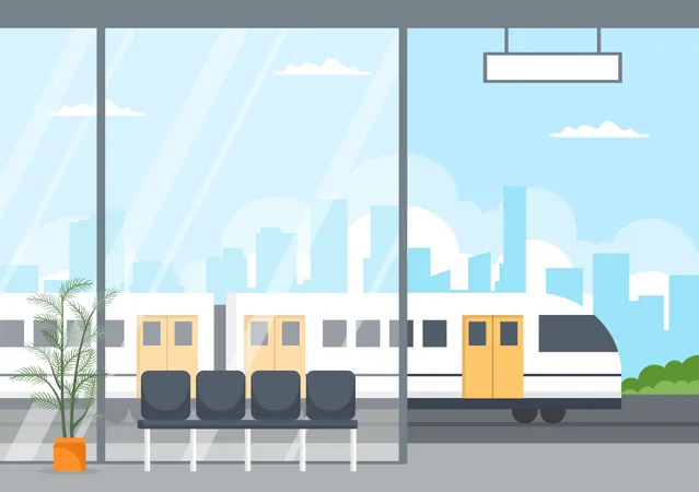Railway Station With Train Transport Scenery Platform For Departure And Underground Interior Subway In Flat Background Poster Illustration Illustration