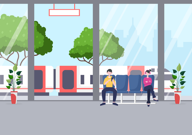 Train Station with People  Illustration