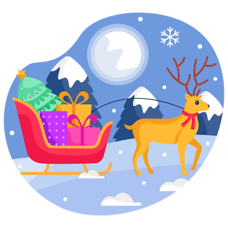 Traîneau à rennes transportant de nombreux cadeaux  Illustration