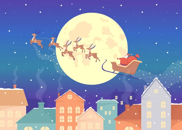 Traîneau du Père Noël et rennes volant au-dessus de la ville  Illustration