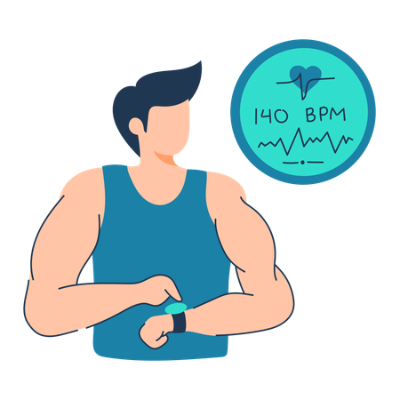 Trainer tracks heartbeat control on smart watch  Illustration