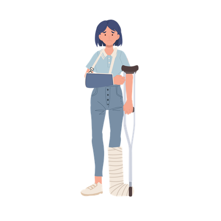 Traitement des blessures graves avec une orthèse médicale pour la jambe et le bras Support orthopédique pour femme blessée  Illustration