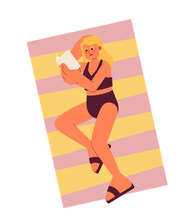 Mujer en traje de baño acostada con un libro en la playa  Ilustración