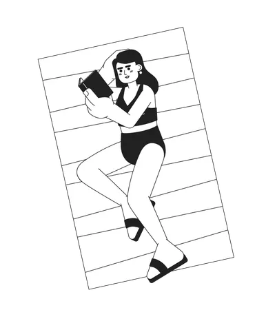 Mujer en traje de baño acostada con un libro en la playa  Ilustración