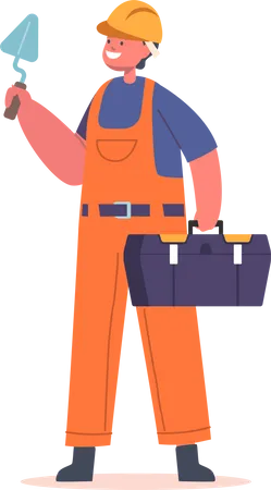 Kid Wear Builder Suit sosteniendo una caja de herramientas y una paleta  Ilustración