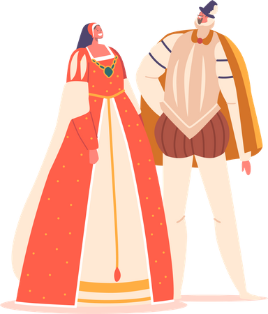 Hombres y mujeres con trajes de la época del Renacimiento visten ropa elaborada y ornamentada  Ilustración