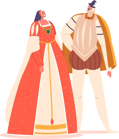 Hombres y mujeres con trajes de la época del Renacimiento visten ropa elaborada y ornamentada  Ilustración