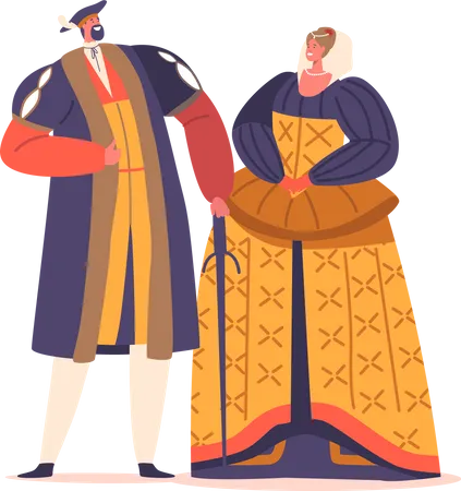 Hombres y mujeres elegantemente vestidos con trajes de la época del Renacimiento  Ilustración