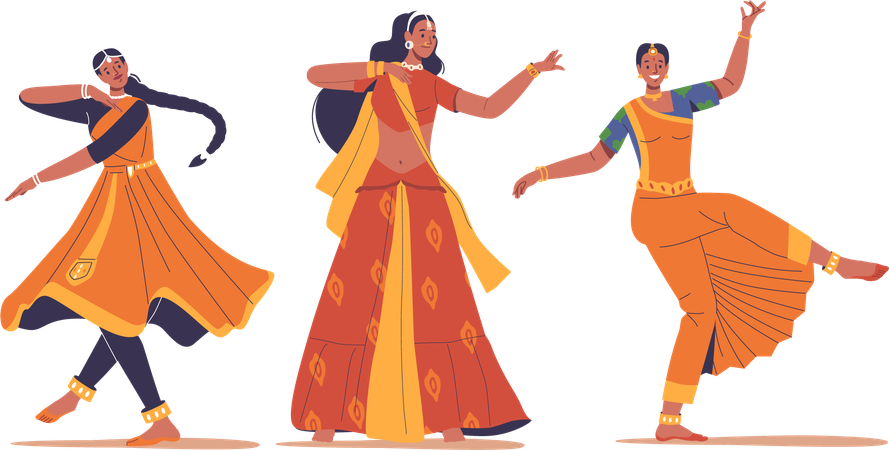 Trajes vibrantes caracterizam as danças das mulheres indianas  Ilustração