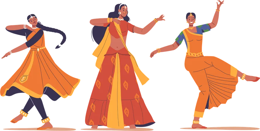 Trajes vibrantes caracterizam as danças das mulheres indianas  Ilustração