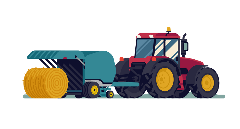 Traktor zieht Rundballenpresse mit Heuballen ausrollen  Illustration