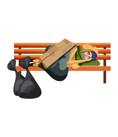 Tramp sleeping on bench  Illustration