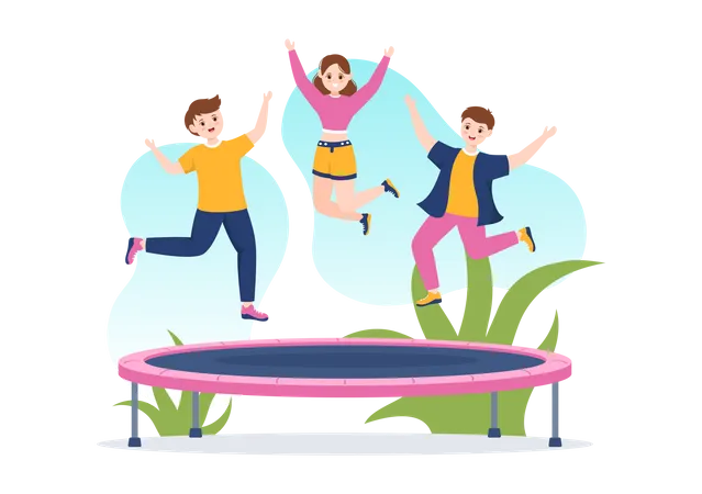 Trampoline Illustration With Youth Jumping On A Trampolines In Hand Drawn Flat Cartoon Summer Outdoor Activity Background Template Illustration