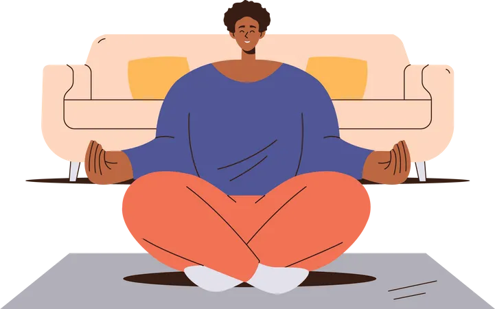 Tranquil Woman Character Happily And Peacefully Smiling While Meditating In Lotus Asana Training Yoga Class At Home Vector Illustration People Healthy Lifestyle And Mindfulness Meditation Indoors Illustration