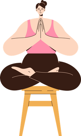Tranquil woman on stool meditating sitting with crossed legs and folded hands  Illustration