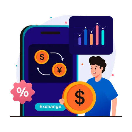 Transacciones financieras y cambio de divisas.  Ilustración