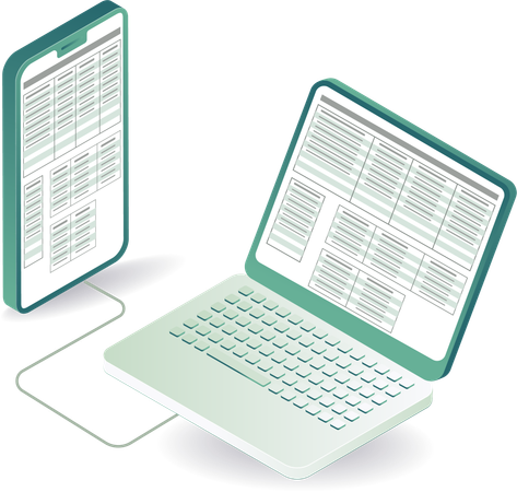 Transferencia de datos comerciales en la computadora desde el teléfono inteligente  Ilustración