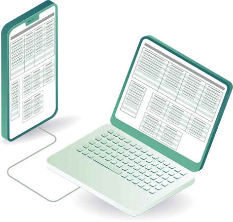 Transferencia de datos comerciales en la computadora desde el teléfono inteligente  Ilustración