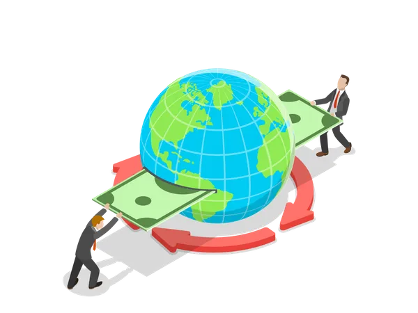 Transferência internacional de dinheiro, banco on-line, transações financeiras.  Ilustração
