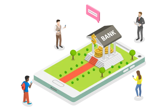 Pessoas transferem dinheiro usando mobile banking  Ilustração