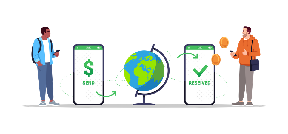 Transferencia internacional de dinero a través de aplicación móvil  Ilustración