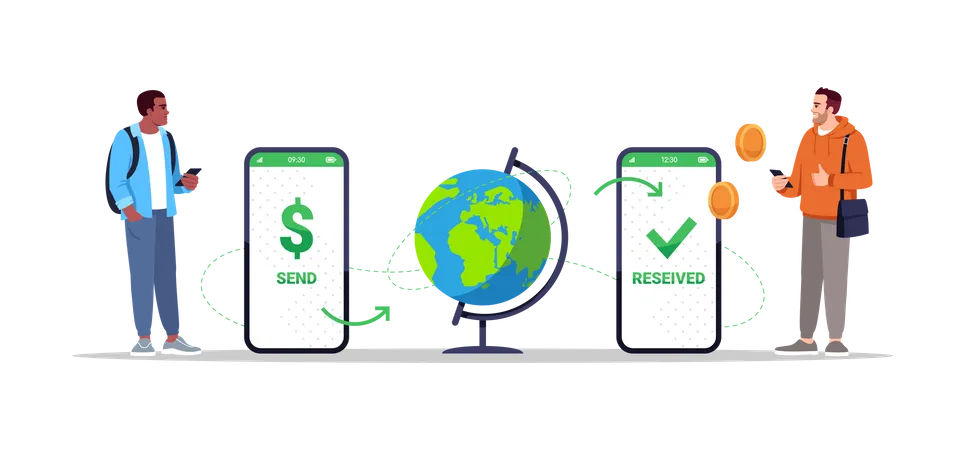Transferencia internacional de dinero a través de aplicación móvil  Ilustración