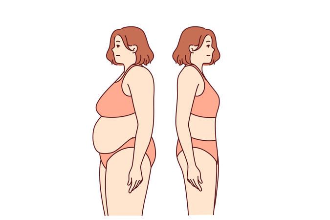 Transformação de mulher gorda e peso perdido graças à dieta e ficar em pé em traje de banho  Ilustração