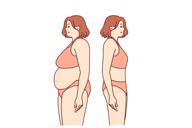 Transformação de mulher gorda e peso perdido graças à dieta e ficar em pé em traje de banho  Ilustração