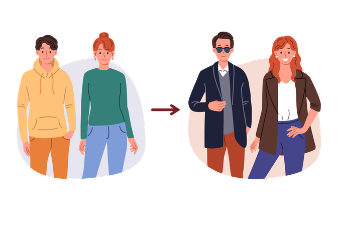 Transformación de imagen de hombre y mujer que se cambiaron de ropa para cambiar de look y estilo.  Illustration