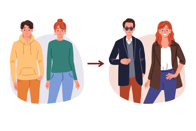 Transformación de imagen de hombre y mujer que se cambiaron de ropa para cambiar de look y estilo.  Illustration