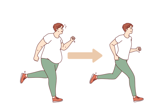 Transformación de un hombre gordo en una persona delgada gracias al jogging matutino y a las actividades deportivas.  Ilustración